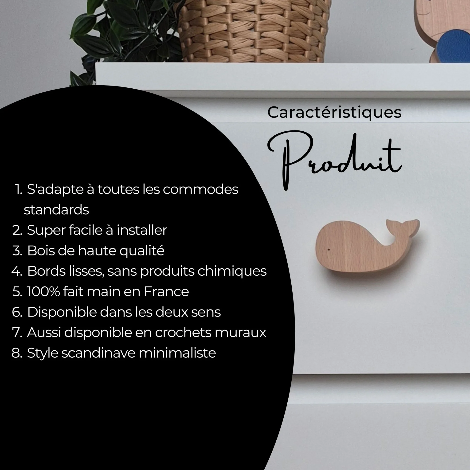 bouton de meuble pour chambre d’enfant, en bois, thème mer et animaux marins, caractéristiques produit