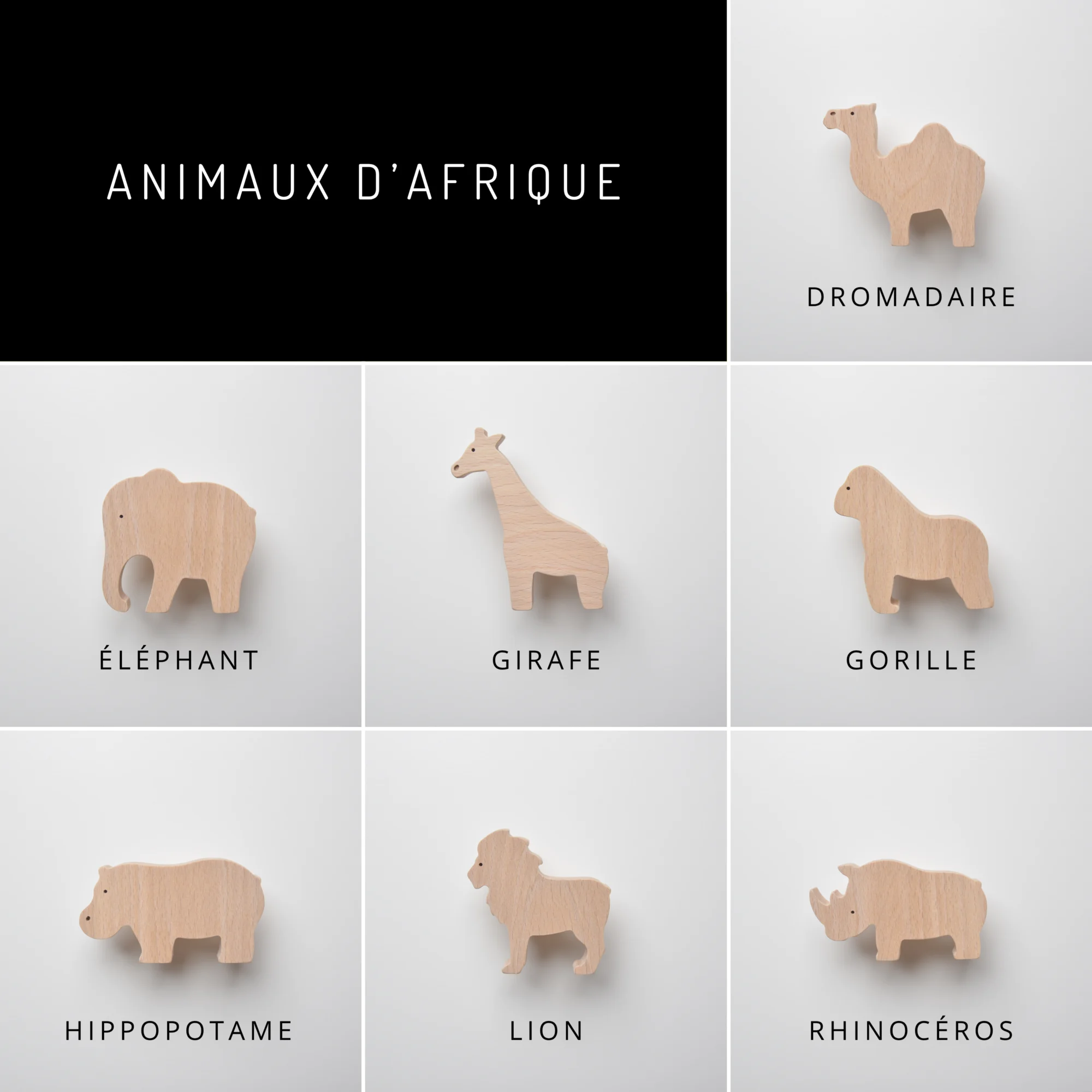 Boutons de meuble animaux d'Afrique, safari, jungle, en bois, pour chambre d'enfant - FAB-FABRIK